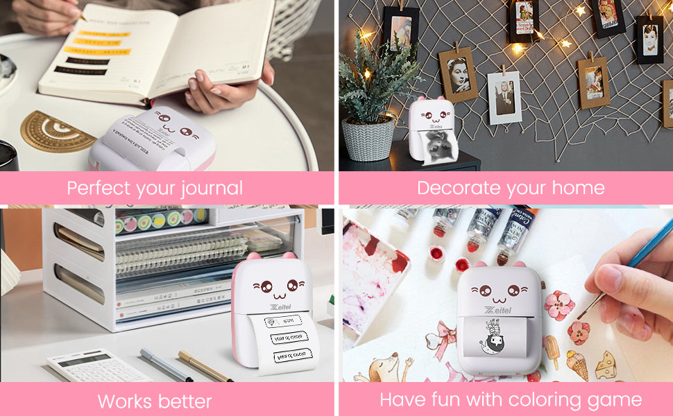 Mini Bluetooth Thermal Printer, Portable Label Printer Inkfree Printer for Android & iOS System, Black on White Thermal Printer with 13 Roll of Print Paper, Stickers, Pink