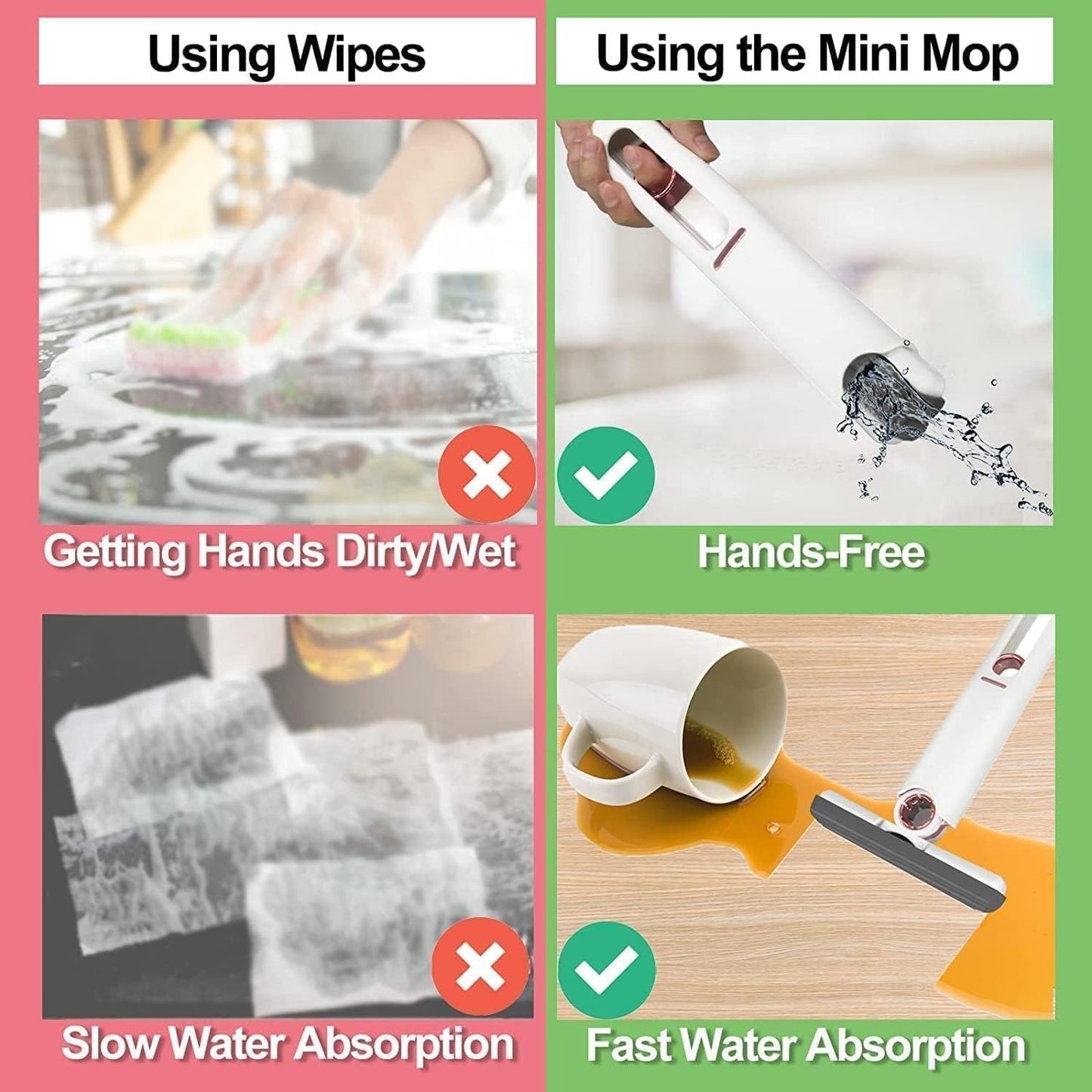 Mini Mop for Kitchen with Sponges Portable Self Squeeze Strong Absorbent Magic Wiper for Kitchen Small Sponge Mop Self Squeezing Wet & Dry Use for Bathroom Wall Glass Car Table Home