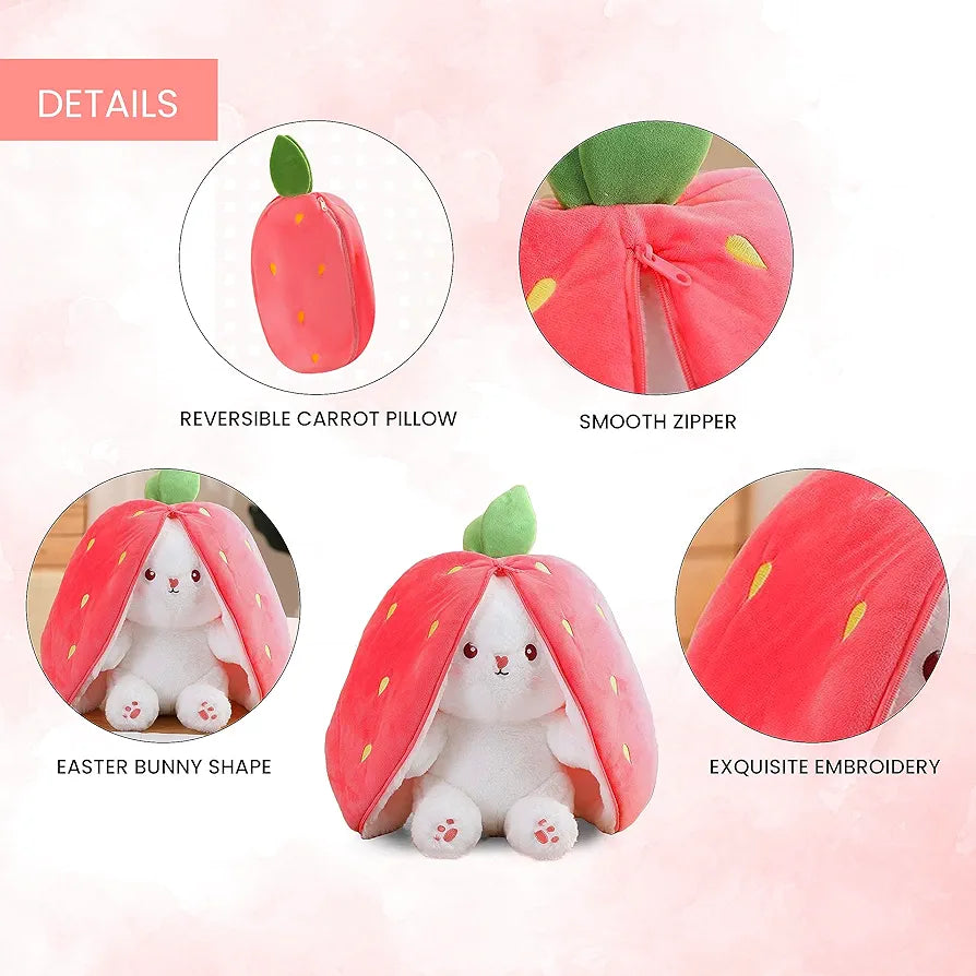 Kidology Plush Toy Pillow, Reversible Bunny,Cute Rabbit Sofa Pillow, Easter Bunny Stuffed Animal Cute Rabbit Plushie Birthday Gift for Boys Girls and Kids (Medium, Strawberrry Bunny)