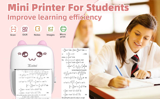 Mini Bluetooth Thermal Printer, Portable Label Printer Inkfree Printer for Android & iOS System, Black on White Thermal Printer with 13 Roll of Print Paper, Stickers, Pink