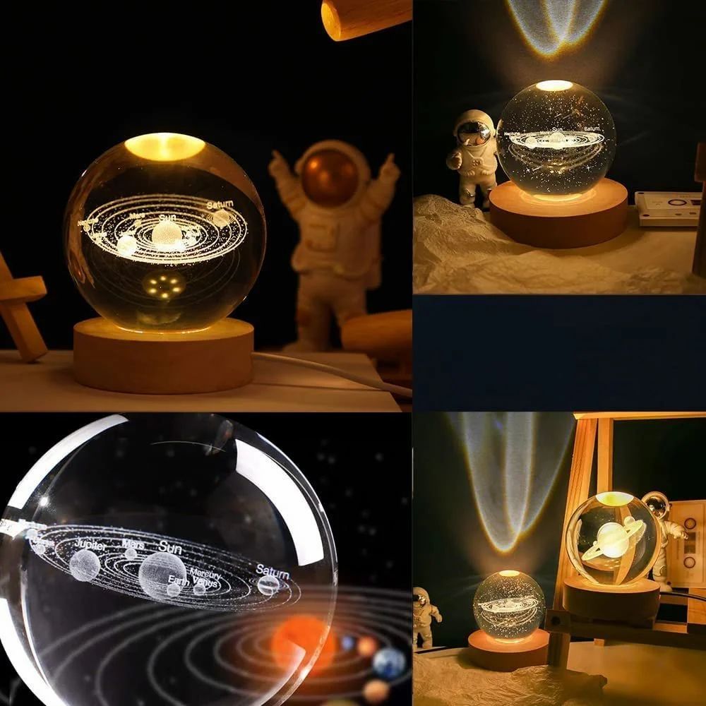 inulec 3D Galaxy Crystal Ball Night Light | Dimmable Engraved LED Glass Ball Table Lamp with USB and Wooden Base for Home Decor, Office, Birthday Gift & Kids Bedroom, 3D Galaxy Lamp Ball(Planet)