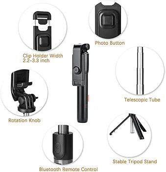 Portable Selfie Stick Tripod with Bluetooth Remote, Tripod Stand, Multifunctional Selfie Stick with Extendable Aluminium Monopod, 360 deg Rotation Phone Holder, Adjustable Grip Tripod Bluetooth Selfie Stick (Black, Remote Included)