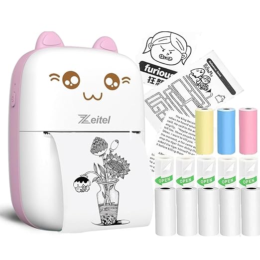 Mini Bluetooth Thermal Printer, Portable Label Printer Inkfree Printer for Android & iOS System, Black on White Thermal Printer with 13 Roll of Print Paper, Stickers, Pink