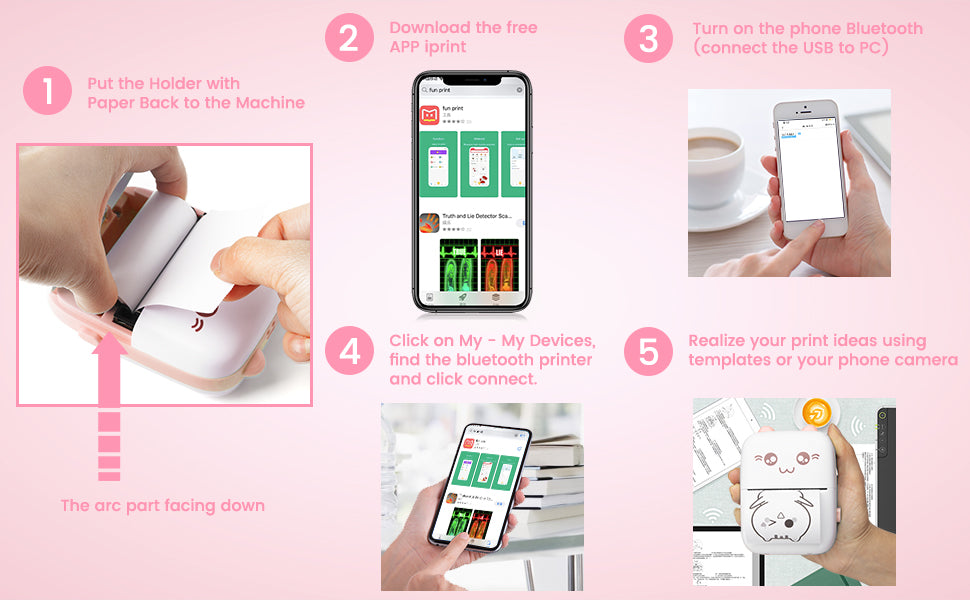 Mini Bluetooth Thermal Printer, Portable Label Printer Inkfree Printer for Android & iOS System, Black on White Thermal Printer with 13 Roll of Print Paper, Stickers, Pink