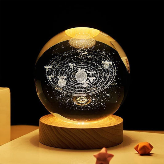 inulec 3D Galaxy Crystal Ball Night Light | Dimmable Engraved LED Glass Ball Table Lamp with USB and Wooden Base for Home Decor, Office, Birthday Gift & Kids Bedroom, 3D Galaxy Lamp Ball(Planet)