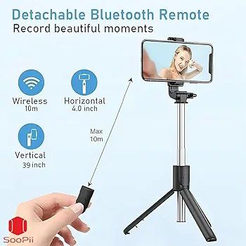 Portable Selfie Stick Tripod with Bluetooth Remote, Tripod Stand, Multifunctional Selfie Stick with Extendable Aluminium Monopod, 360 deg Rotation Phone Holder, Adjustable Grip Tripod Bluetooth Selfie Stick (Black, Remote Included)