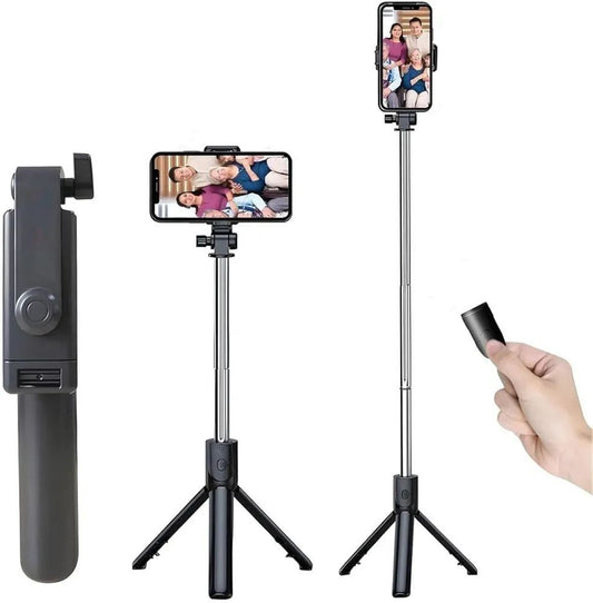 Portable Selfie Stick Tripod with Bluetooth Remote, Tripod Stand, Multifunctional Selfie Stick with Extendable Aluminium Monopod, 360 deg Rotation Phone Holder, Adjustable Grip Tripod Bluetooth Selfie Stick (Black, Remote Included)